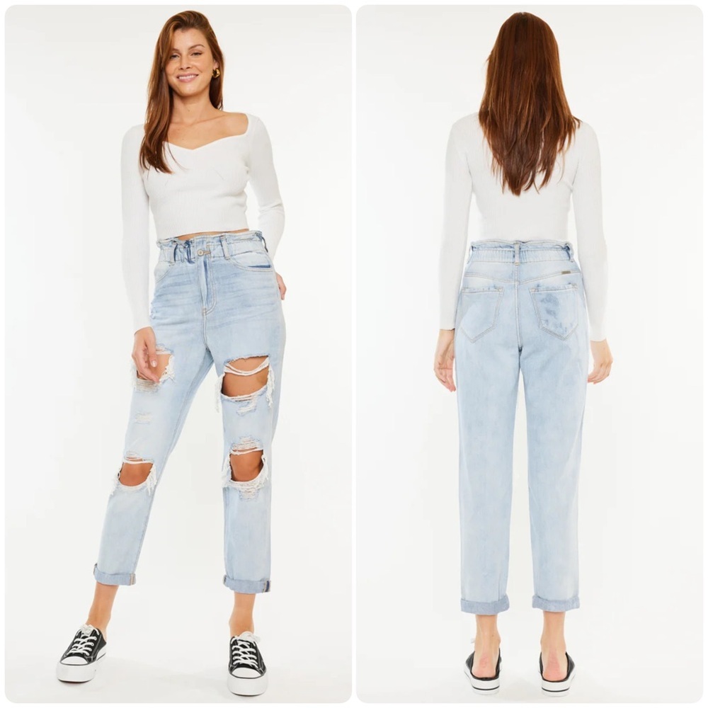 KanCan Darel Ultra High Rise Thrashed Light Wash Paperbag Mom Jeans Size 9/28